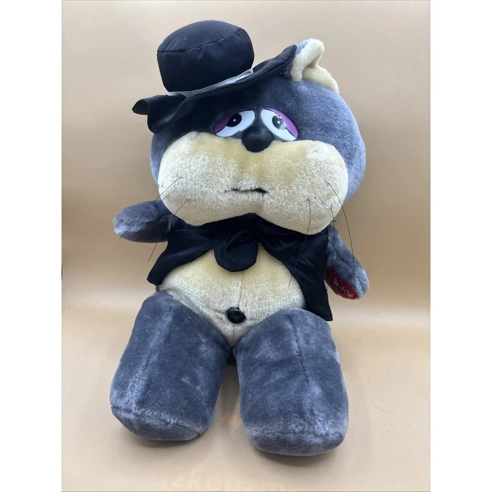 Vintage Gray Cat Plush With Black Bowtie Sad Eyes Purple Eyelids Stuffed Animal